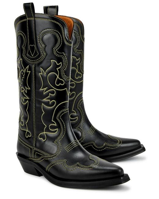 Ganni Black Embroidered Leather Cowboy Boots