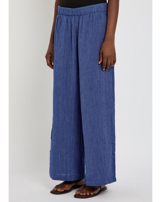 Eileen Fisher Blue Striped Wide-Leg Cotton Trousers