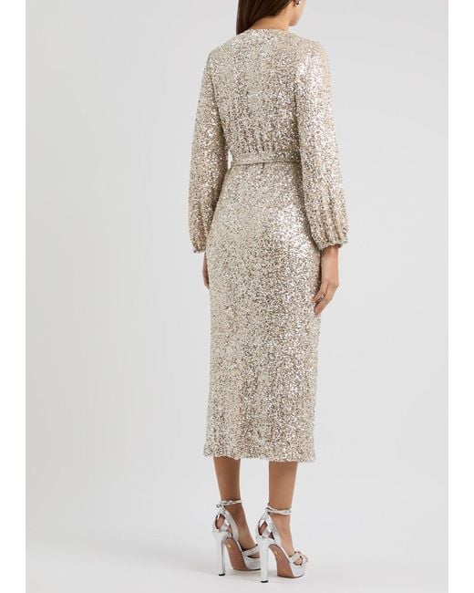 Never Fully Dressed Natural Kira Sequin-Embellished Midi Wrap Dress