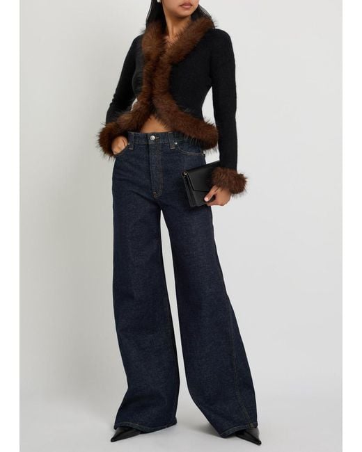 Self-Portrait Black Faux Fur-Trim Knit Cardigan