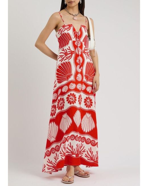 Farm Rio Red Ainika Printed Linen-Blend Maxi Dress