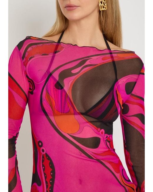Emilio Pucci Red Printed Stretch-Tulle Maxi Dress