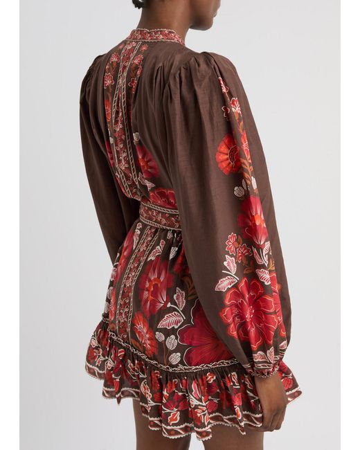 Farm Rio Red Gigi Floral-Print Cotton-Blend Mini Dress