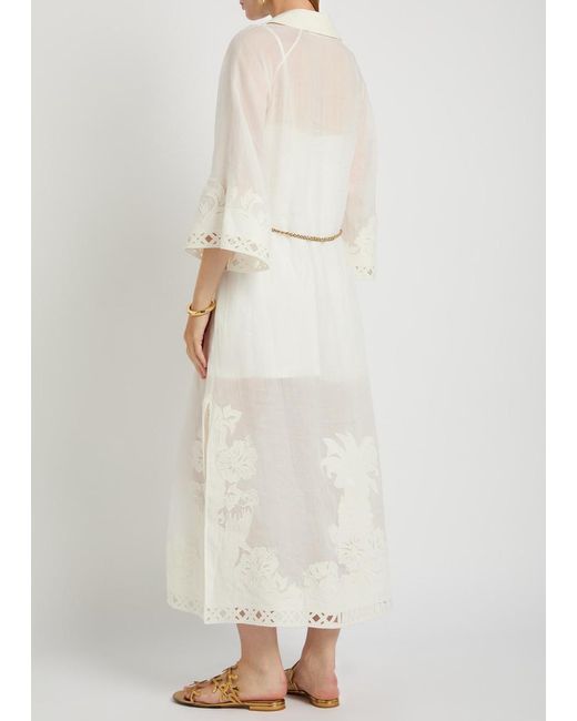 Zimmermann White Indra Embroidered Belted Ramie Maxi Dress