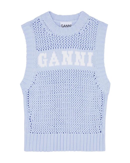 Ganni Blue Logo-intarsia Cotton-blend Vest