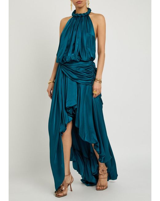 Zimmermann Blue Alchemy Halterneck Satin Maxi Dress