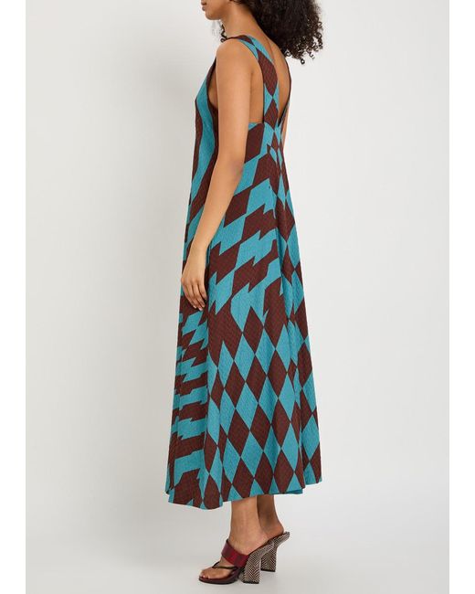 Dries Van Noten Blue Dea Patterned Chevron Silk-Blend Maxi Dress