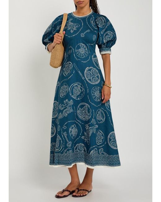 ALÉMAIS Blue Lucky Printed Linen Midi Dress