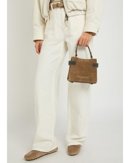 Brunello Cucinelli Brown Mini Bead-Embellished Suede Top Handle Bag