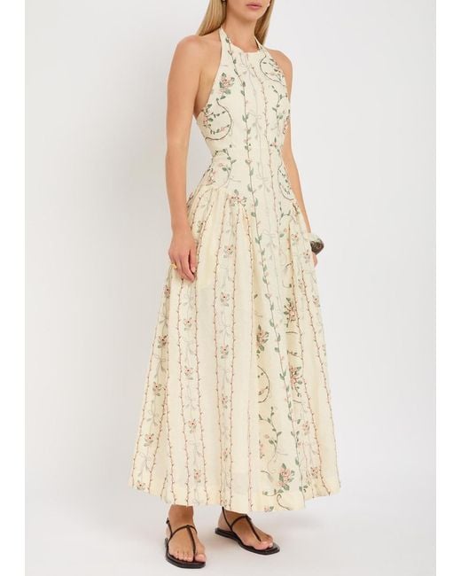 Agua Bendita Natural Balsa Floral-Embroidered Linen Maxi Dress