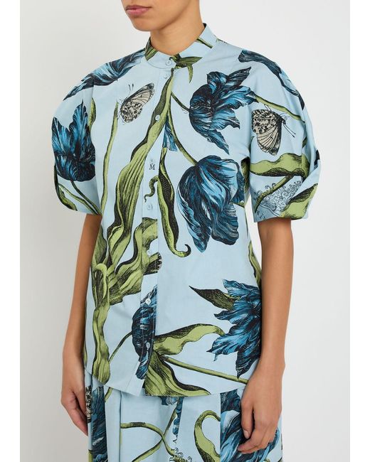 Erdem Blue Printed Cotton-Poplin Blouse