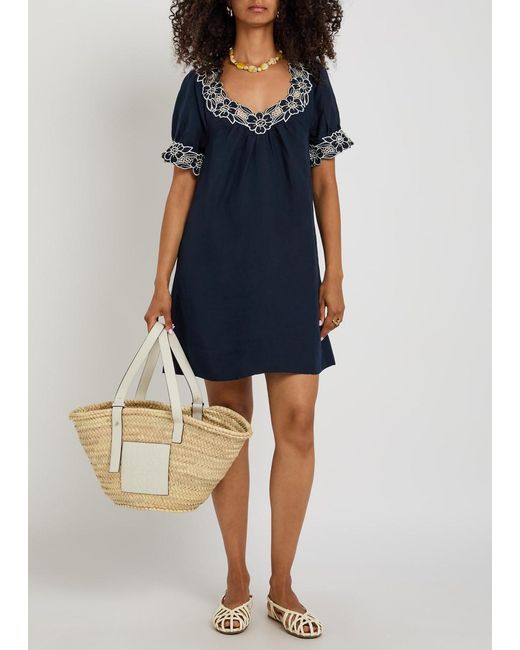 Rixo Blue Cristina Floral-Embroidered Linen-Blend Mini Dress