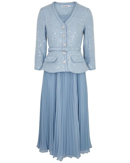 sachin and babi light blue dress Beaded Chiffon Long-Sleeve Dress with Jacket