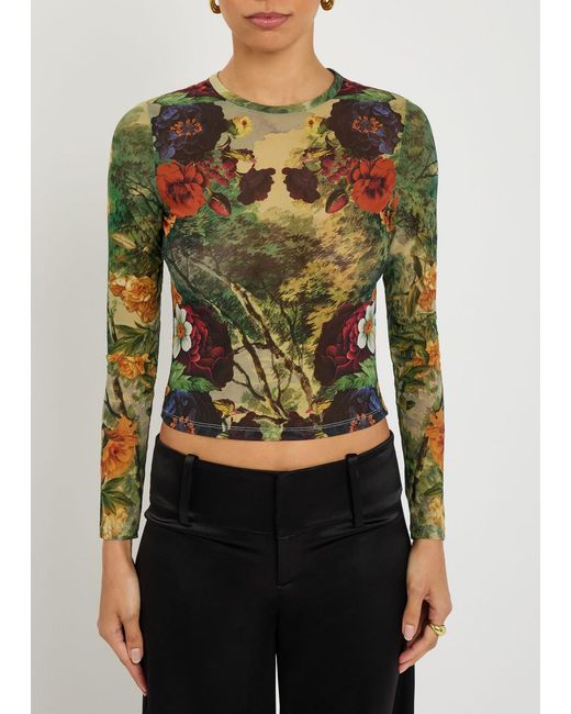 Alice + Olivia Green Delaina Floral-Print Mesh Top
