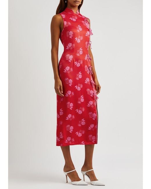 Kitri Red Myla Floral-jacquard Satin Midi Dress