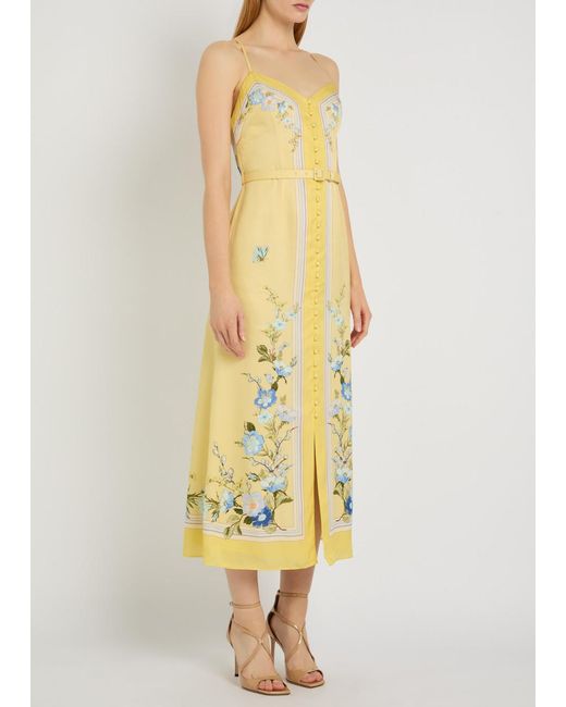 Self-Portrait Yellow Belted Floral Satin Midi Dress
