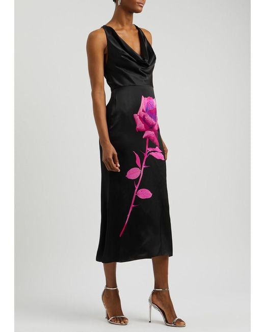 David Koma Black Printed Silk-Satin Midi Dress