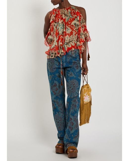 Etro Blue Floral-Print Straight-Leg Denim Jeans