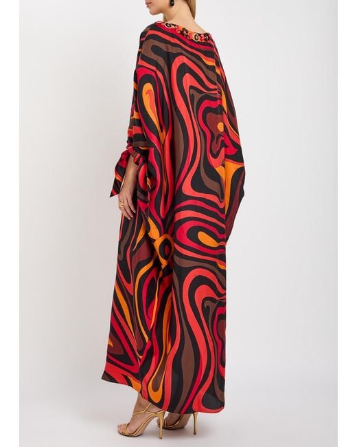 Emilio Pucci Red Embellished Printed Silk-Twill Maxi Kaftan