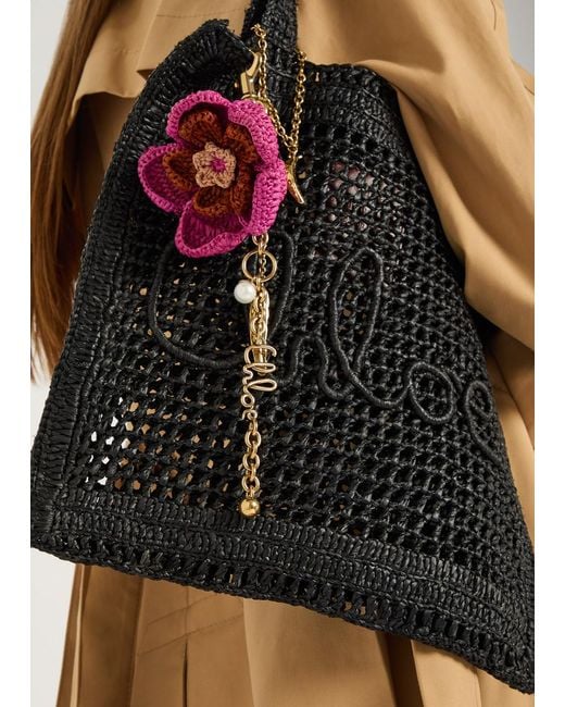 Chloé Red Floral Raffia And Metal Key Chain