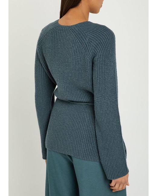 Eileen Fisher Blue Ribbed Cotton-Blend Wrap Cardigan