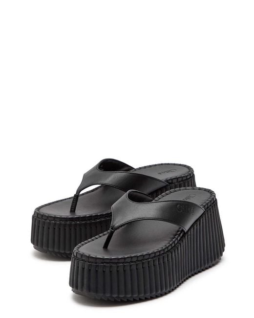 Chloé Black Nama 80 Thong Leather Wedge Sandals