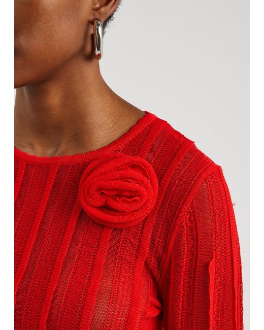 Blumarine Red Floral-Appliquéd Fine-Knit Top