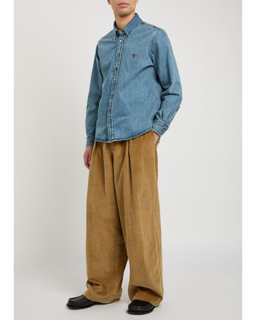 AMI Blue Logo-Embroidered Denim Shirt for men