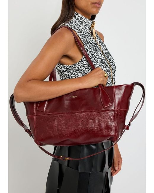 Balmain Red Track Zip Small Glossed Leather Tote Bag