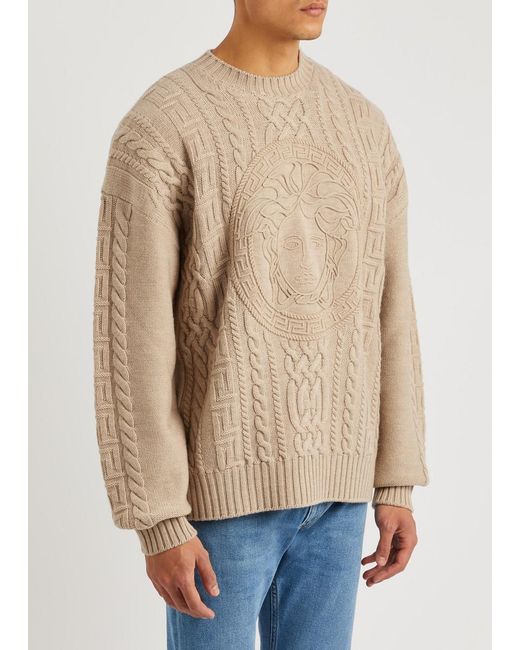 Versace Natural Medusa-embroidered Cable-knit Wool Jumper for men