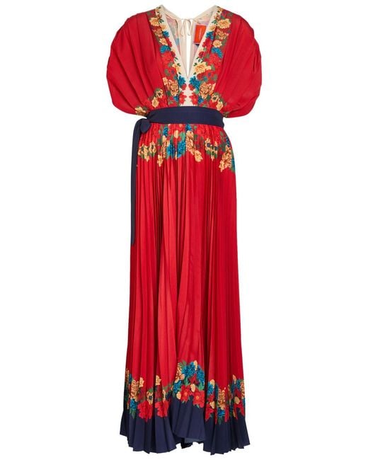 LaDoubleJ Red Accordion Floral-Print Crepe Maxi Dress