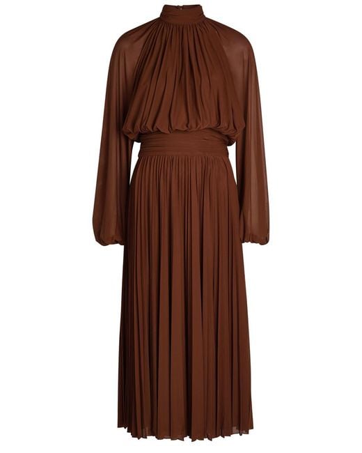 Ronny Kobo Brown Blythe Gathered Stretch-Mesh Midi Dress