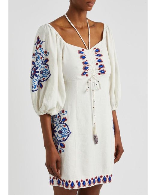 FARM Rio Embroidered Linen Blend Mini Dress in White Lyst