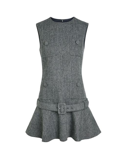 Self-Portrait Gray Herringbone Belted Wool-Blend Mini Dress