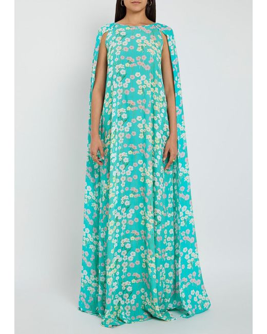 BERNADETTE Blue Minnie Draped Chiffon Print Gown
