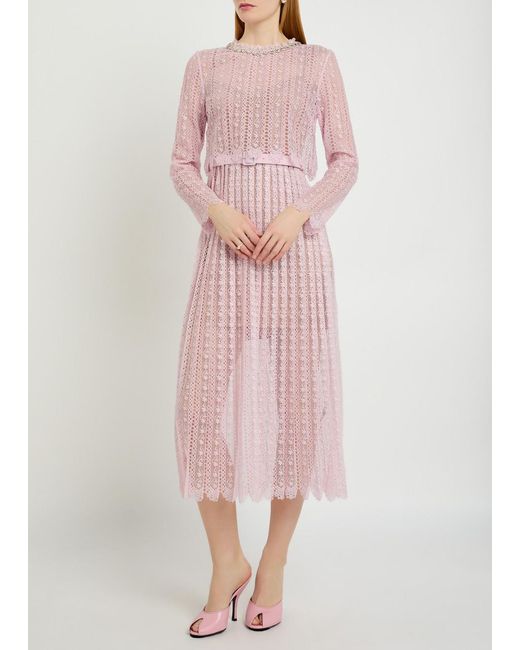 Self-Portrait Pink Belted Lace Midi Dress