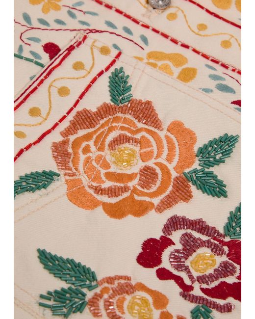 Free People White Avery Floral-Embroidered Denim Jacket