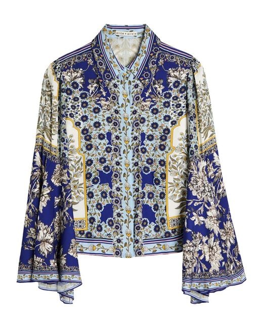 Alice + Olivia Blue Willa Floral Flared-Sleeve Chiffon Blouse