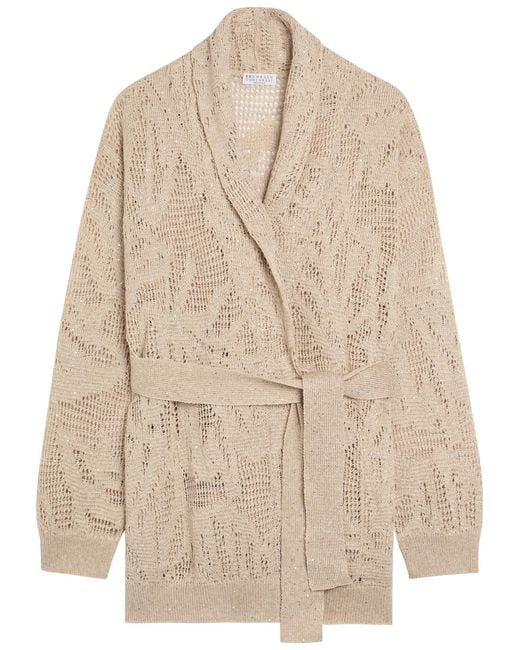 Brunello Cucinelli Natural Embellished Linen-Blend Cardigan