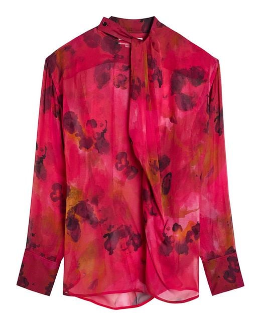 Victoria Beckham Red Draped Floral Silk-Chiffon Blouse