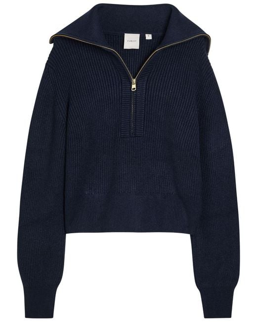 Varley Blue Maura Ribbed Half-Zip Knit Sweatshirt