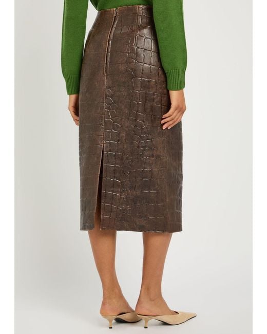 Emilia Wickstead Brown Loretta Crocodile-Effect Leather Midi Skirt