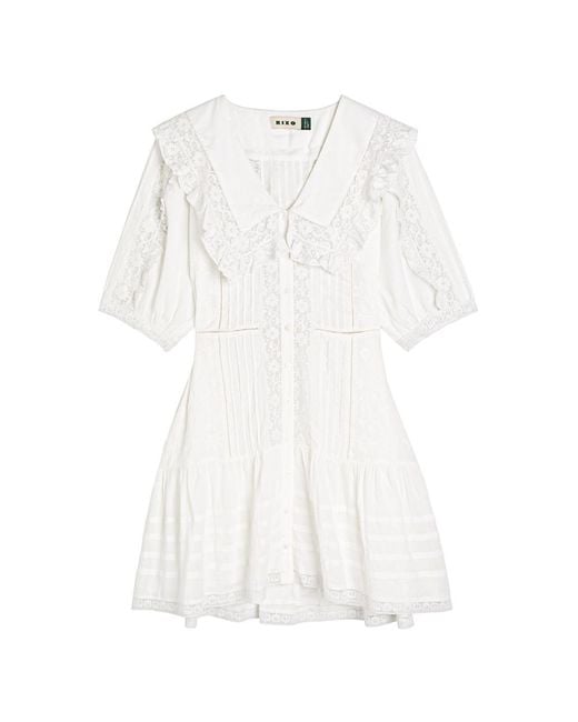 Rixo White Dove Pansy Embroidery Cotton Mini Dress