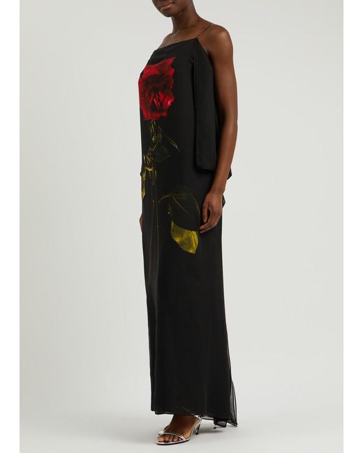 Alexander McQueen Black Rose-Print Silk-Georgette Maxi Dress