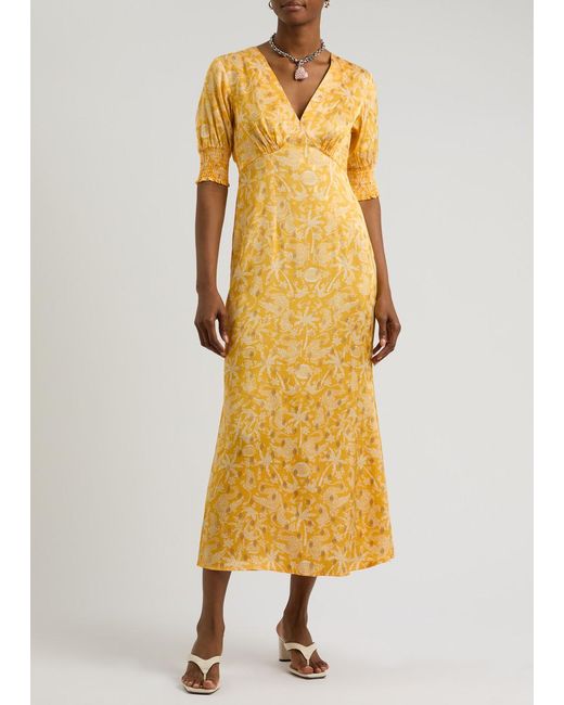 Never Fully Dressed Yellow May Printed Satin Midi Dress
