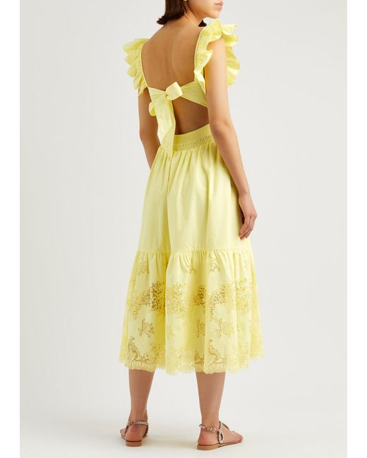 Self-Portrait Yellow Lace-Panelled Cotton-Poplin Midi Dress