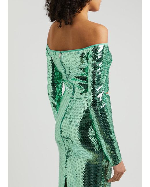 David Koma Green Off-The-Shoulder Cropped Sequin Top