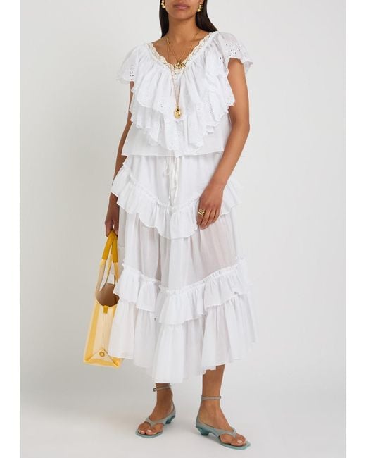 Chloé White Embroidered Ruffled Cropped Cotton Top