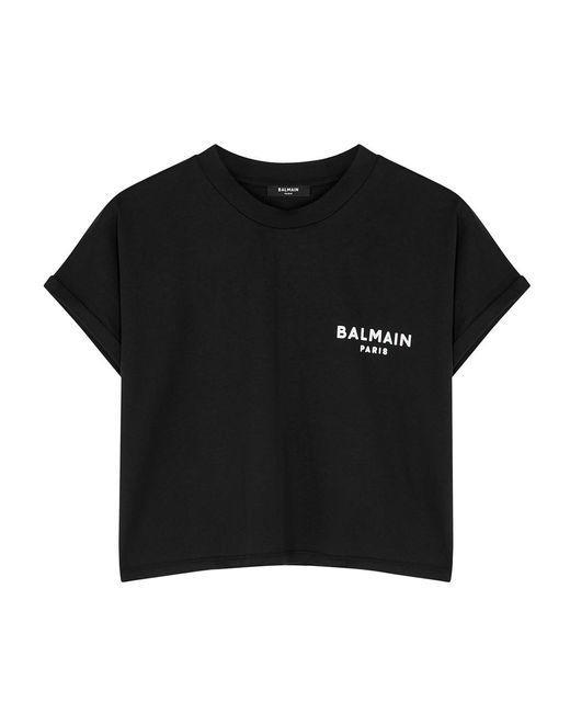 Balmain Black Cropped Ss Flocked Logo Top