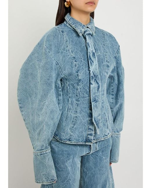 A.W.A.K.E. MODE Blue Tie-Neck Washed Denim Shirt